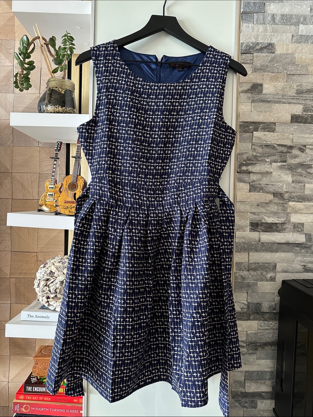 Sleeveless Navy Patterned Mini Dress with Pleated Skirt
